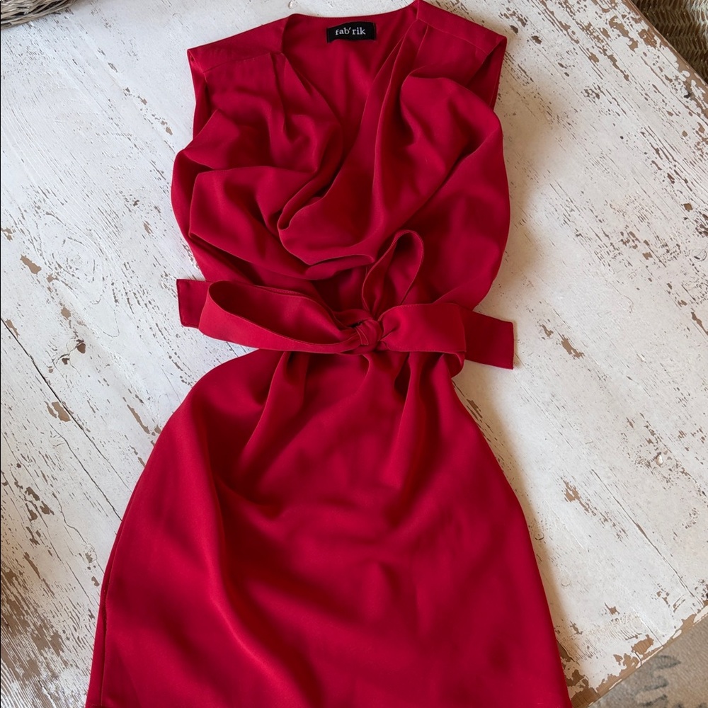 fab'rik Red Cowl Neck Tie-Waist Mini Dress